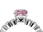 Shared-Prong Engagement Ring Setting for Fancy Pink Cushion Cut Center with Graduated Accents and Prong Head in Platinum