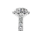 Halo Engagement Ring Setting for Round Cut Center with Full Pave Band and Prong Head in Platinum