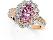 Halo Engagement Ring Setting for Fancy Pink Oval Center with Milgrain Channel Band and Prong Head in Rose Gold