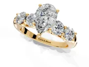 5 Stone Engagement Ring Setting for Pear-Shaped Center with Graduated Accents and Prong Head in Yellow Gold
