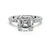 Solitaire Engagement Ring Setting for Asscher Cut Center with Large Accent Band and Prong Head in White Gold