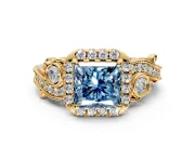 Milgrain Halo Engagement Ring Setting for Fancy Blue Princess Cut Center with Shoulder Bezels and Prong Head in Yellow Gold