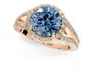 Halo Engagement Ring Setting for Fancy Blue Round Cut Center with Pave Split Shank and Prong Head in Rose Gold