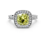 Halo Engagement Ring Setting for Fancy Yellow Cushion Cut Center with Milgrain Pave Band and Bezel Head in White Gold