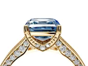 Solitaire Engagement Ring Setting for Fancy Blue Asscher Cut Center with Milgrain-Framed Pave Band and Prong Head in Yellow Gold