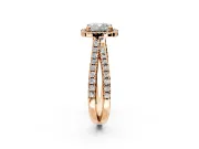 Halo Engagement Ring Setting for Cushion Cut Center with Double Pave Split Shank and Prong Head in Rose Gold