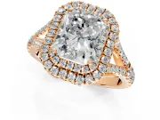 Double Halo Engagement Ring Setting for Radiant Cut Center with Narrow Pave Split Shank and Prong Head in Rose Gold