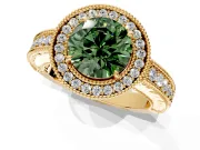 Milgrain Halo Engagement Ring Setting for Fancy Green Round Cut Center with Pave Band and Prong Head in Yellow Gold