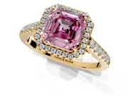 Halo Engagement Ring Setting for Fancy Pink Asscher Cut Center with Narrowing Pave Band and Prong Head in Yellow Gold