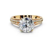 Solitaire Engagement Ring Setting for Round Cut Center with Pave Rail Split Shank and Prong Head in Yellow Gold