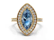 Halo Engagement Ring Setting for Fancy Blue Marquise Center with Milgrain Frame, Pave Band and Prong Head in Yellow Gold
