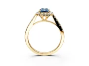 Halo Engagement Ring Setting for Fancy Blue Emerald Cut Center with Raised Halo, Pave Band and Prong Head in Yellow Gold