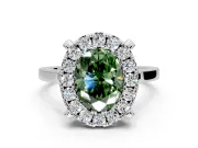Single Halo Engagement Ring Setting for Fancy Green Oval Center with Corner Claws, Plain Band and Prong Head in Platinum