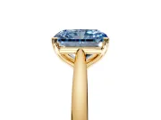 Solitaire Engagement Ring Setting for Fancy Blue Radiant Cut Center with Narrow Cathedral Band and Prong Head in Yellow Gold