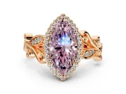 Halo Engagement Ring Setting for Fancy Pink Marquise Center with Leaf Motif Split Shank and Prong Head in Rose Gold