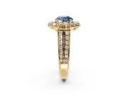 Large Accent Halo Engagement Ring Setting for Fancy Blue Round Cut Center with Pave Split Shank and Prong Head in Yellow Gold