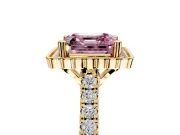 Milgrain Floral Halo Engagement Ring Setting for Fancy Pink Asscher Cut Center with Pave Band and Prong Head in Yellow Gold