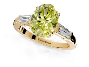 3 Stone Engagement Ring Setting for Fancy Yellow Oval Center with Baguette Accents and Prong Head in Yellow Gold