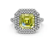 Double Halo Engagement Ring Setting for Fancy Yellow Asscher Cut Center with Narrow Pave Split Shank and Prong Head in Sterling Silver