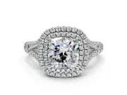 Double Halo Engagement Ring Setting for Cushion Cut Center with Narrow Pave Split Shank and Prong Head in Platinum