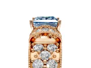 Pave Engagement Ring Setting for Fancy Blue Princess Cut Center with Curved Accent Rows, Openwork and Prong Head in Rose Gold
