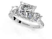 3 Stone Engagement Ring Setting for Princess Cut Center with Crossover Basket, Pave Band and Prong Head in Platinum