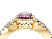Halo Engagement Ring Setting for Fancy Pink Emerald Cut Center with Wide-Open Pave Split Shank and Prong Head in Yellow Gold