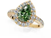 Halo Engagement Ring Setting for Fancy Green Pear-Shaped Center with Heart-Shaped Openwork, Pave Band and Prong Head in Yellow Gold