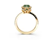 Halo Engagement Ring Setting for Fancy Green Cushion Cut Center with Openwork Halo, Pave Band and Prong Head in Yellow Gold