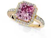 Halo Engagement Ring Setting for Fancy Pink Radiant Cut Center with Heart-Shaped Openwork, Pave Band and Prong Head in Yellow Gold