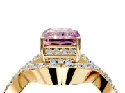 Halo Engagement Ring Setting for Fancy Pink Radiant Cut Center with Pave Infinity Twist Band and Prong Head in Yellow Gold