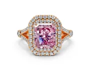 Double Halo Engagement Ring Setting for Fancy Pink Radiant Cut Center with Narrow Pave Split Shank and Prong Head in Rose Gold