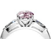 3 Stone Engagement Ring Setting for Fancy Pink Oval Center with Tapered Baguettes, Plain Band and Prong Head in Sterling Silver