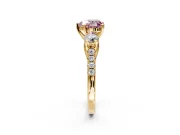 3 Stone Engagement Ring Setting for Fancy Pink Heart-Shaped Center with Crossover Basket, Pave Band and Prong Head in Yellow Gold