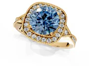 Halo Engagement Ring Setting for Fancy Blue Round Cut Center with Milgrain Rim, Pave Band and Prong Head in Yellow Gold