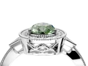 Halo Engagement Ring Setting for Fancy Green Pear-Shaped Center with Milgrain Rim, Pave Band and Prong Head in White Gold