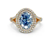 Double Halo Engagement Ring Setting for Fancy Blue Oval Center with Narrow Pave Split Shank and Prong Head in Yellow Gold