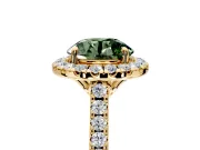 Halo Engagement Ring Setting for Fancy Green Round Cut Center with Raised Halo, Pave Band and Prong Head in Yellow Gold