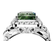 Halo Engagement Ring Setting for Fancy Green Princess Cut Center with Open Scroll Shoulders and Prong Head in Sterling Silver