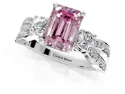 3 Stone Engagement Ring Setting for Fancy Pink Emerald Cut Center with Pave Twist Band and Prong Head in Platinum