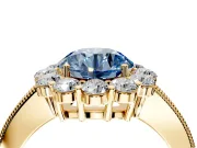Halo Engagement Ring Setting for Fancy Blue Round Cut Center with Milgrain Channel Band and Prong Head in Yellow Gold