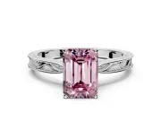 Solitaire Engagement Ring Setting for Fancy Pink Emerald Cut Center with Engraved Milgrain Band and Prong Head in Sterling Silver