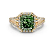 Halo Engagement Ring Setting for Fancy Green Radiant Cut Center with Pave Split Shank and Prong Head in Yellow Gold
