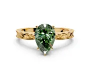 Solitaire Engagement Ring Setting for Fancy Green Pear-Shaped Center with Engraved Milgrain Band and Prong Head in Yellow Gold