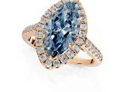 Halo Engagement Ring Setting for Fancy Blue Marquise Center with Narrowing Pave Band and Prong Head in Rose Gold