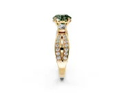 3 Stone Engagement Ring Setting for Fancy Green Round Cut Center with Pave Twist Band and Prong Head in Yellow Gold