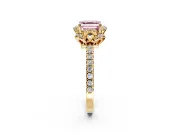 Floral Halo Engagement Ring Setting for Fancy Pink Asscher Cut Center with Pave Band and Prong Head in Yellow Gold