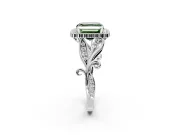 Halo Engagement Ring Setting for Fancy Green Asscher Cut Center with Leaf Motif Split Shank and Prong Head in White Gold