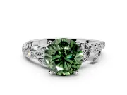 Leaf Motif Engagement Ring Setting for Fancy Green Round Cut Center with Pave Band and Prong Head in White Gold