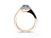 Halo Engagement Ring Setting for Fancy Blue Cushion Cut Center with Plain Tapered Band and Prong Head in Rose Gold